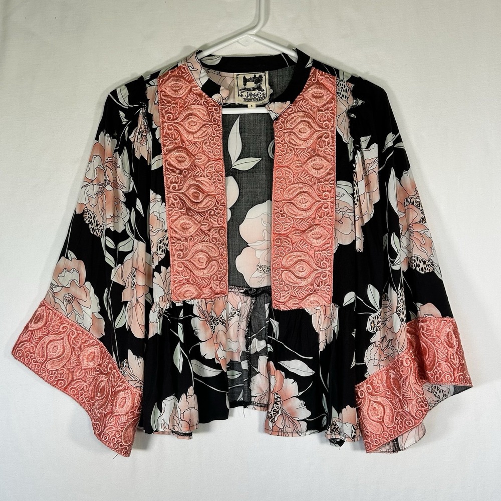 Jaase Jacket Top Womens Sz Small Peach Wildflower Satin Kimono Ruffled Open Boho